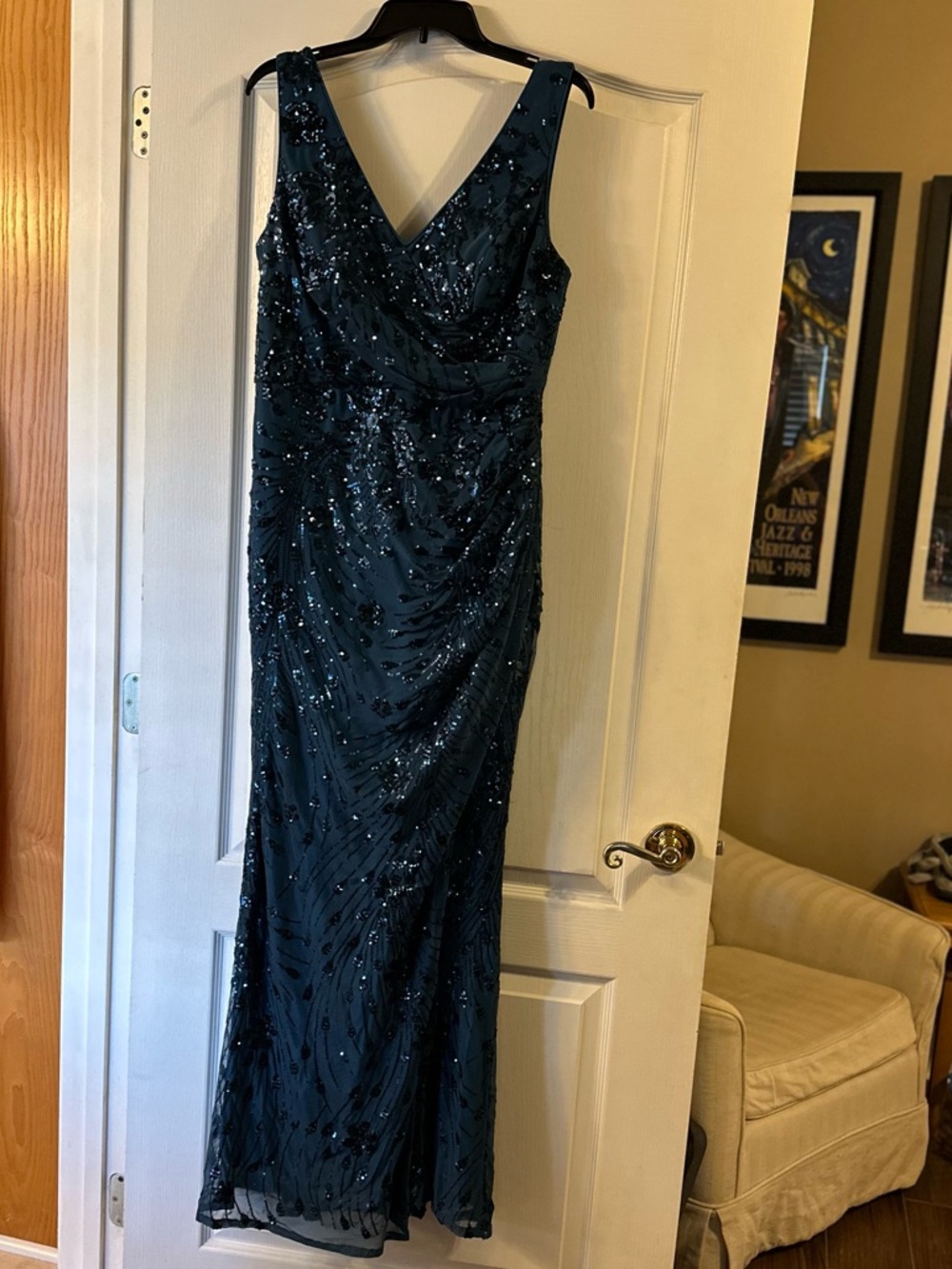Embellished Teal Formal Gown with Thigh Slit - Picture 2 of 4